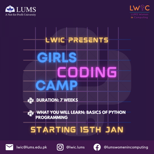 LWiC held a virtual 7-week coding bootcamp for high-school girls from January to March 2021. The camp aimed to equip girls with basic programming skills, as well as build their confidence in networking to foster a community of female computer scientists. The bootcamp included weekly online lessons on python programming language that helped students compute solutions to real-world problems.